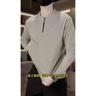 时尚 春秋季 薄款 休闲运动v领打底衫 拉链纯色长袖 2025新款 T恤男士