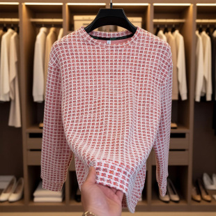 简欧轻奢 卫衣男士 春季 圆领格子时尚 潮流百搭打底体恤8809 新款