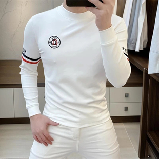 男士打底衫2025秋冬新款加绒个性徽章时尚修身弹力半高领长袖T恤