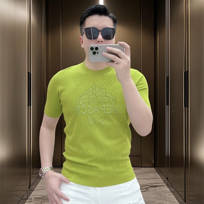 2025新款男士春夏季高品质冰麻针织时尚潮流圆领撞色短袖25221