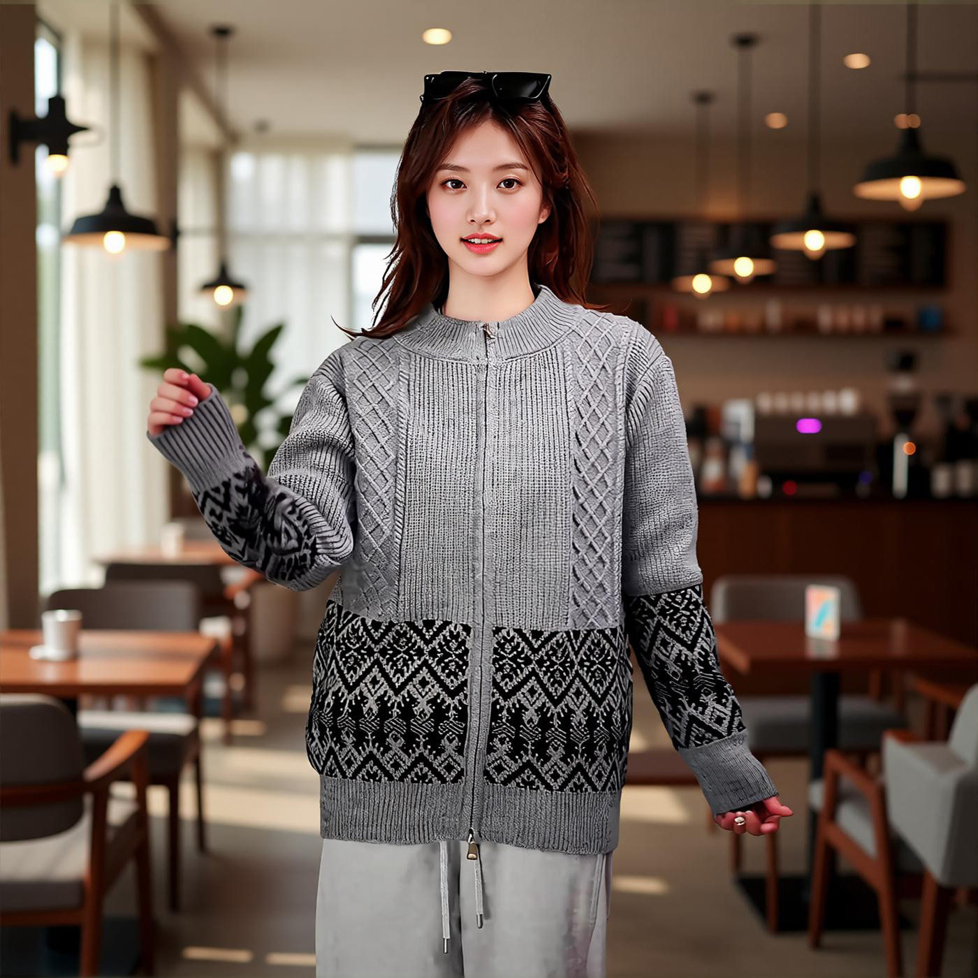 韩版针织开衫外套男士春秋季美式复古提花夹克男立领拉链休闲上衣