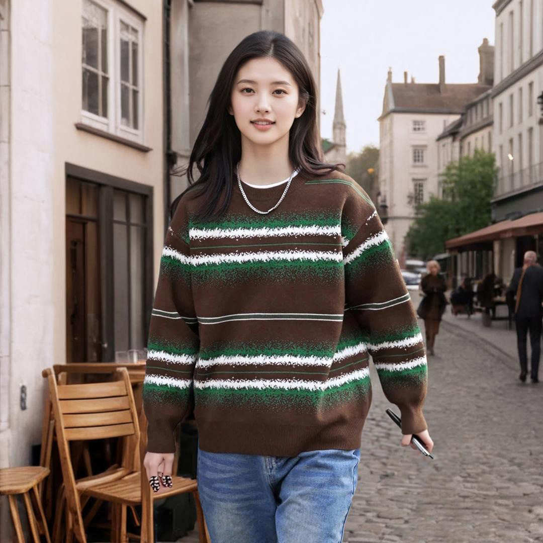 秋冬季毛衣男宽松撞色条纹打底针织衫少年感毛线上衣服潮FS6271