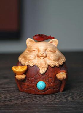 木雕猫咪摆件桌面摆件可爱动物装饰品元宝小鱼招财进宝工艺品拼接