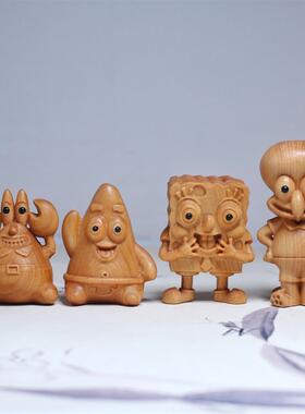 崖柏木雕海绵宝宝派大星章鱼哥㙰老板木质小摆件可爱卡通手把件儿