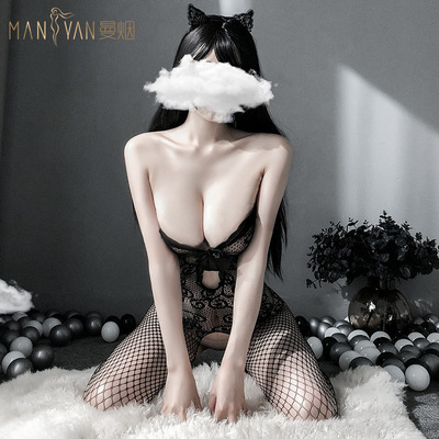 曼尼芳曼烟内衣性感吊带蝴蝶结连体衣镂空连身网袜丝袜7943