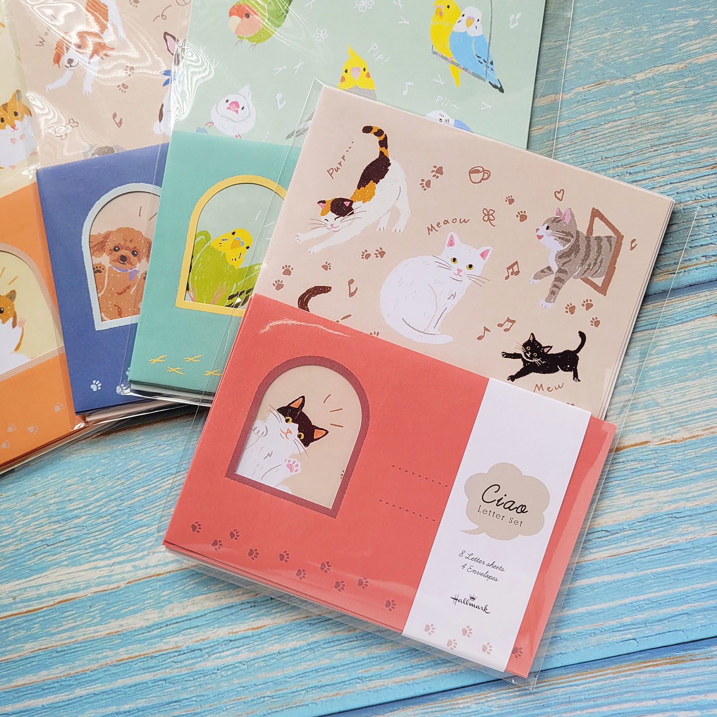 日版Hallmark贺曼正品Ciao你好彩色卡通可爱猫狗鹦鹉信纸信封套装