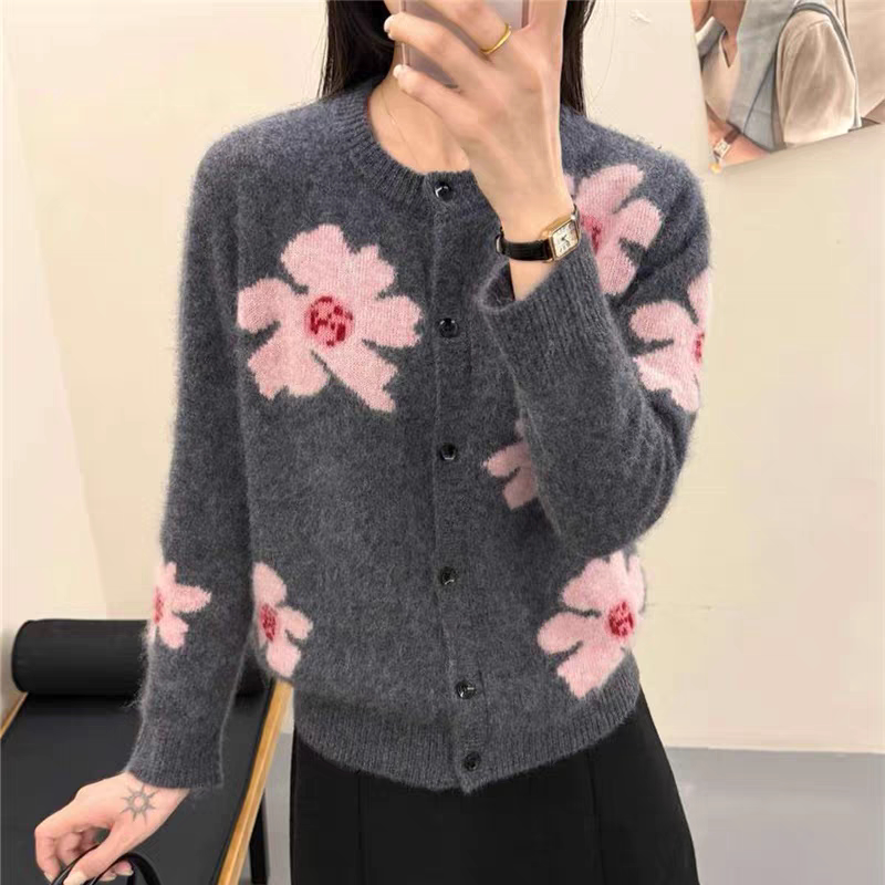 高级感花朵圆领拉毛针织开衫女2毛针织衫
