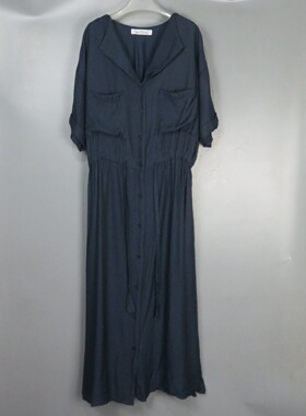 Vintage古着正品中古90s日本深蓝色纯色垂感翻领长款半开衫连衣裙