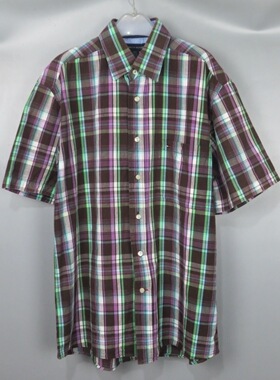 Vintage 古着正品潮牌夏季中古90年代紫色格子街头短袖衬衫