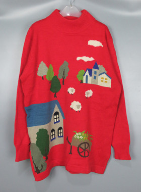 Vintage 古着正品中古90年代红色卡通小羊房子童趣可爱提花毛衣
