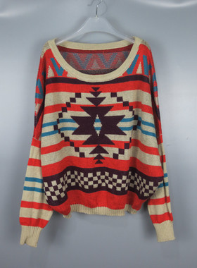 Vintage 古着正品橙色条纹几何撞色钩花提花宽松落肩针织衫毛衣