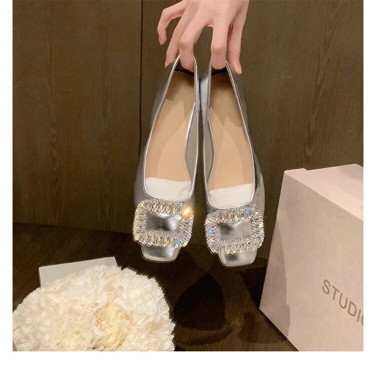 羊皮版~真皮法式水钻方扣银色单鞋2025春夏新款浅口平底工作鞋