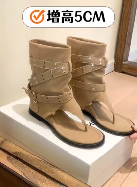 夹趾凉鞋女时髦短筒裤管罗马凉靴