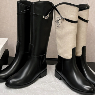 牛皮版~不过膝长靴女2025秋冬锁扣长筒靴女拼色粗跟高筒骑士靴女