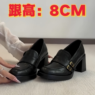英伦风小个子通勤小皮鞋 女2026新款 复古百搭粗跟增高乐福鞋 现货