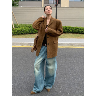 服外套 复古高级感雾面纯色极简宽松休闲麂皮绒西装 洛边 锁住暖风