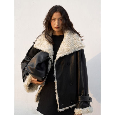 洛边翻领羊羔毛PU皮夹克女宽松
