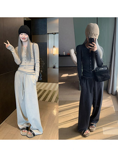 洛边纽扣设计感轻熟半开领显瘦百搭针织毛衣打底衫 两件套女 针织裤