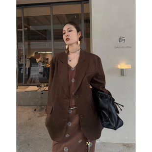 洛边 外套春秋高级显瘦美拉德西服外套 100亚麻复古轻熟风廓形西装