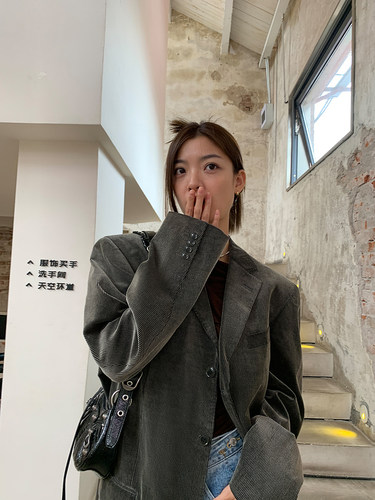洛边宽松长袖灯芯绒西装外套