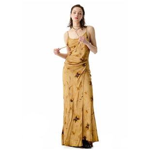 晕染印花吊带连衣裙系带复古开叉 原创香云缎新中式 洛边 微次处理