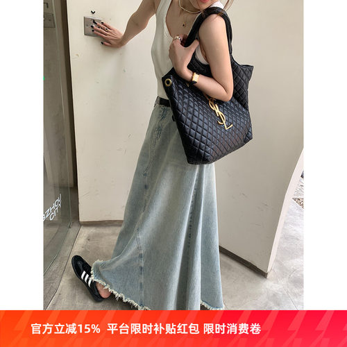 洛边巨复古水洗毛边长款半身裙