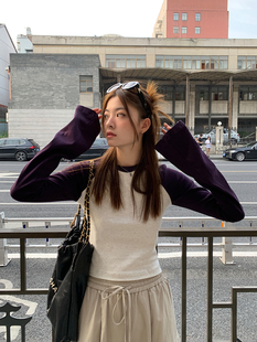 圆领打底衫 洛边 拼接撞色T恤卫衣打底插肩百搭长袖 复古款 女 美式