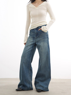 3.0复古牛仔 长裤 宽松中高腰牛仔裤 显瘦直筒春夏新款 阔腿裤 洛边
