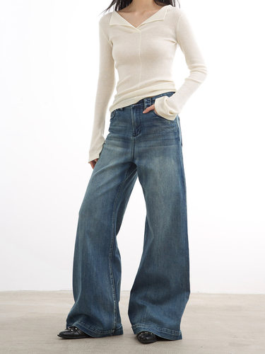 复古牛仔宽松中高腰牛仔裤