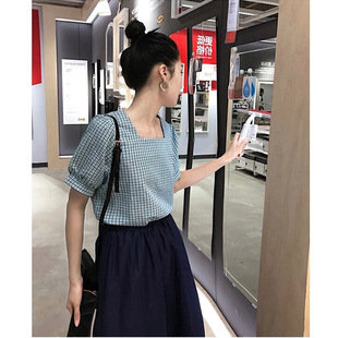 特价 衬衣褶皱短袖 清仓 新上衣韩版 T恤 原创复古格子夏季 洛边