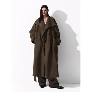 系带大衣 复古宽松大翻领风衣外套女中长款 洛边 设计师款