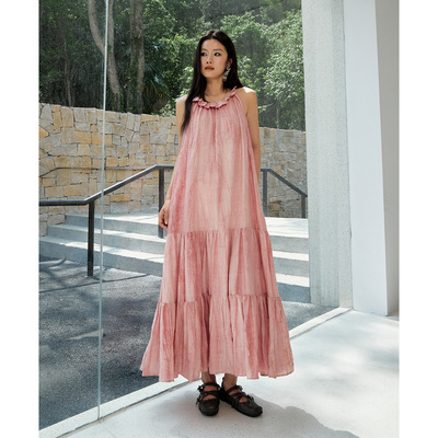 洛边 繁花 原创设计师款亚麻 环保植物轧染宽松慵懒吊带连衣裙