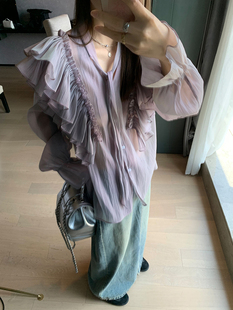 秋季 洛边 V领长袖 重工荷叶边飘带衬衫 新微透防晒衬衣 梦幻仙女