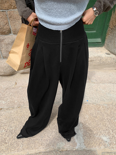 针织阔腿裤 加长款 女秋冬宽松休闲纯棉拉链卫裤 洛边高腰黑色运动裤