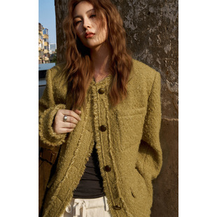 洛边 复古重工小香风毛呢外套女流苏边气质毛呢外套女 冬日琥珀