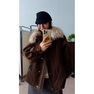 翻领上衣可脱卸派克服夹绵外套 植绒女毛领冬季 洛边 原创设计师款