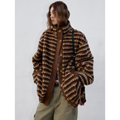 洛边 松茶可可 复古条纹毛毛短外套女立领美拉德棕色外套女绒毛