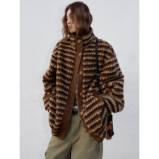 洛边 复古条纹毛毛短外套女立领美拉德棕色外套女绒毛 松茶可可