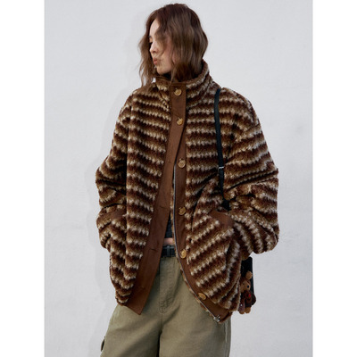 洛边美拉德条纹立领开衫短外套