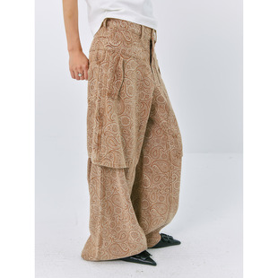 女高腰多口袋休闲阔腿裤 洛边 裤 老钱风腰果花纹工装 原创设计师款
