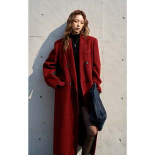 毛呢大衣女双排扣翻领外套 轻熟风红色长款 洛边 北国枫叶