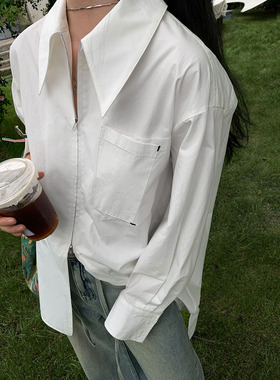 洛边 GAO货匹马棉！！！原创设计拉链衬衫女夏季新款宽松上衣百搭