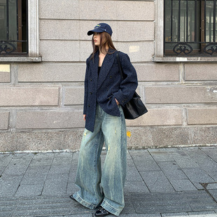 高腰显瘦阔腿破洞休闲裤 洛边 秋冬新款 做旧直筒牛仔裤 仿中古洗