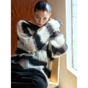 上衣新款 洛边 马海毛慵懒风宽松条纹针织衫 小众设计师款 穿梭织梦