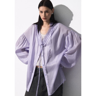 苎麻V领衬衫 原创设计师款 松弛慵懒感木耳边系带衬衣 暮山紫 洛边