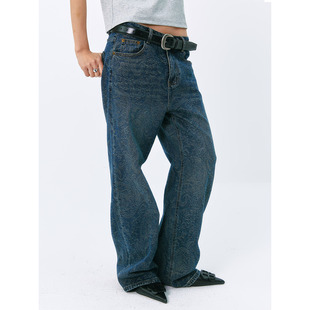 中腰长裤 女宽松直筒阔腿裤 复古提花水洗牛仔裤 洛边