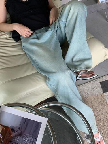 洛边 按头安利～ 小众复古洗水牛仔裤女初秋新款宽松直筒阔腿长裤 - 封面