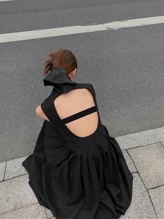 过膝无袖 露背连衣裙中长款 纯色裙子镂空时髦女 高品质亚麻 洛边