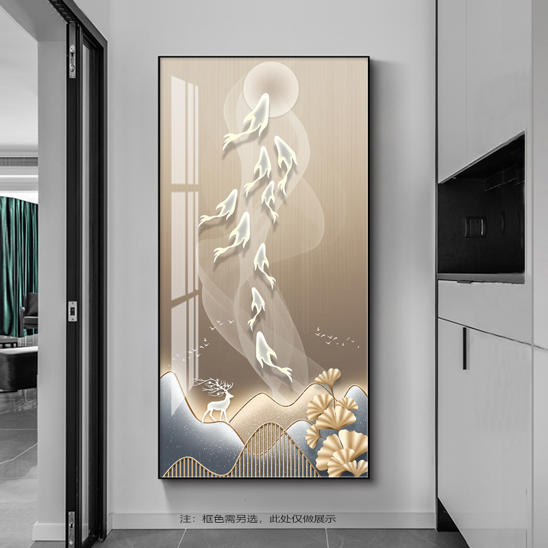 轻奢入门玄关装饰画正对大门墙挂画入户玄幻走廊过道尽头壁画竖版图片