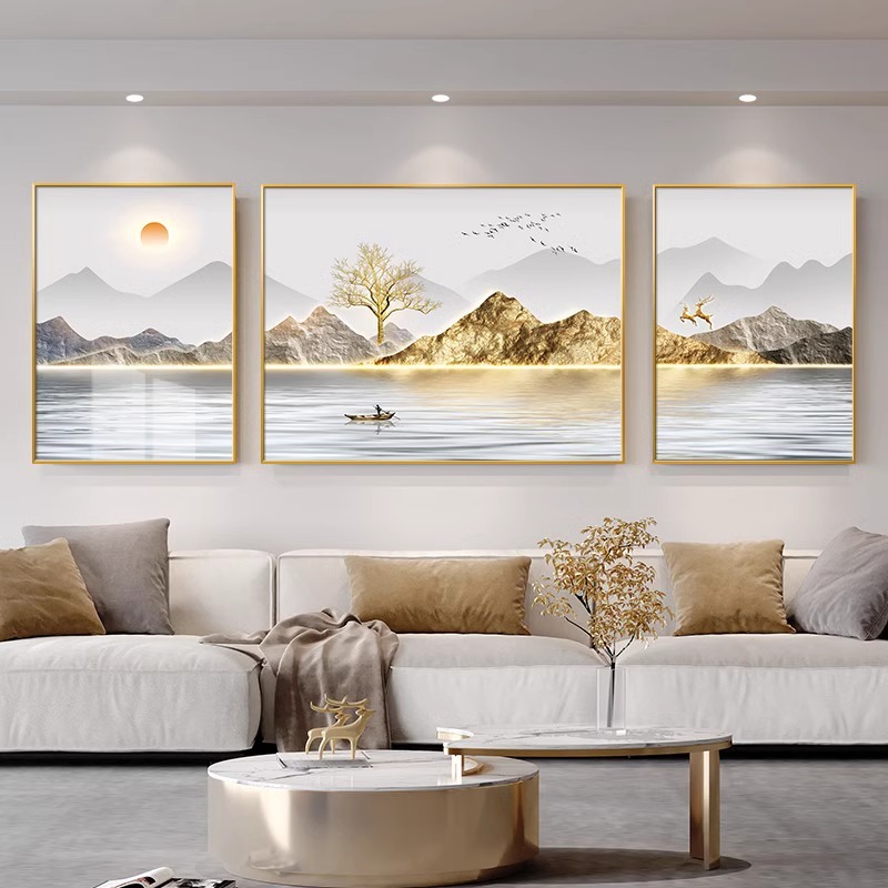 背靠金山客厅装饰画寓意好沙发背景墙挂画大气轻奢高级感壁画墙画图片
